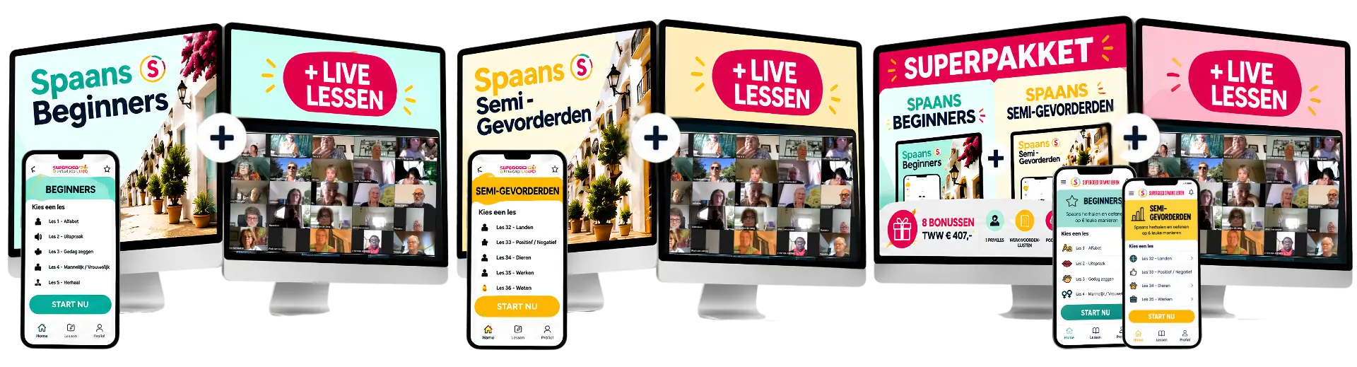 Spaans Beginners, Semi-Gevorderden en het Superpakket, met en zonder LIVE lessen